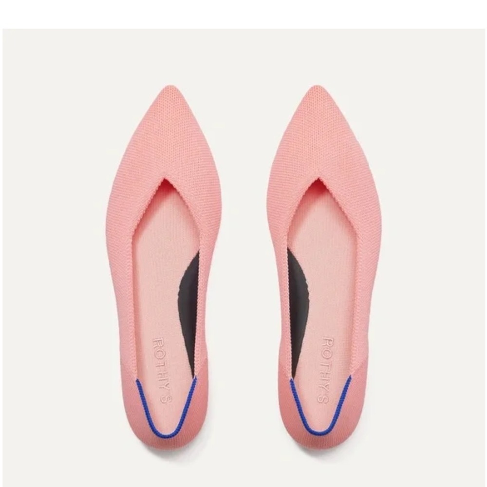 NEW - Rothy's Pink Pointed-Toe Knit Flats with Blue Heel Trim
